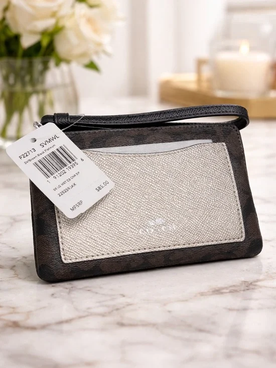 Coach Boxed Corner Zip Wristlet Brown Black Metallic Platinum NIB / NWT - Picture 6 of 6